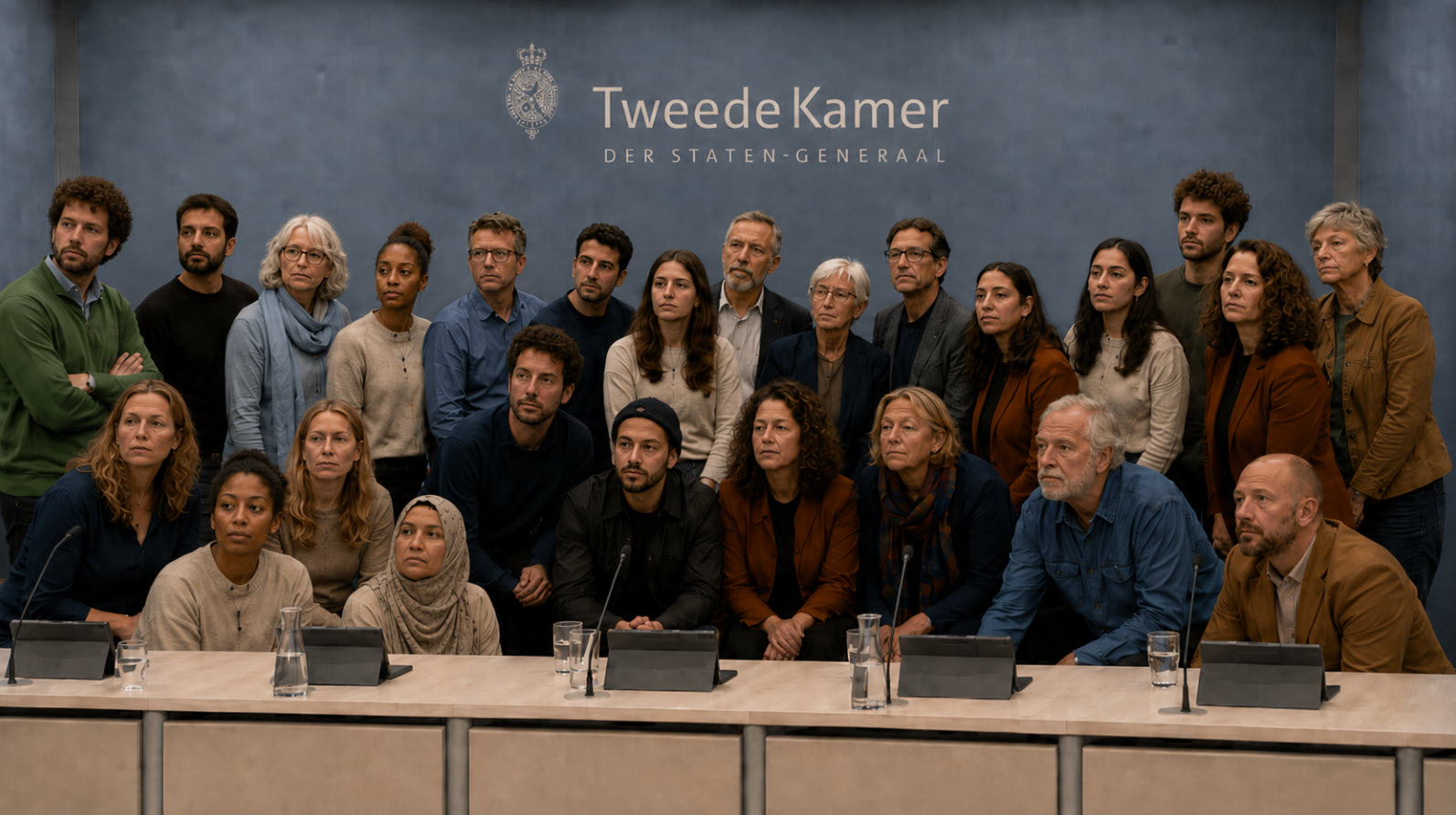 Een dwarsdoorsnede van Nederlanders voor het bord van de Tweede Kamer der Staten-Generaal